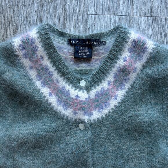 Ralph Lauren Sage Green Fair Isle Rabbits Hair/Lambs Wool Cardigan Size Small - Picture 2 of 8